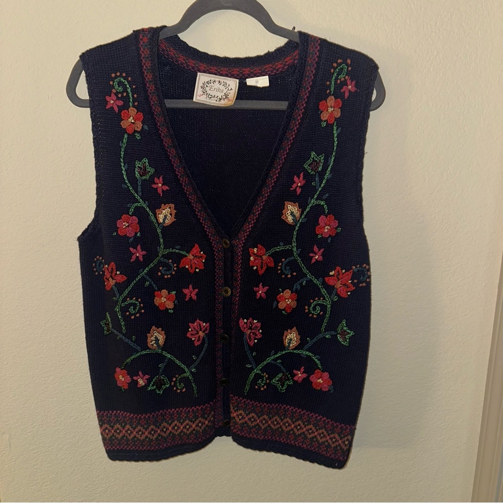 Vintage Cottagecore Grandma Erika Navy Vest with Colorful Trim